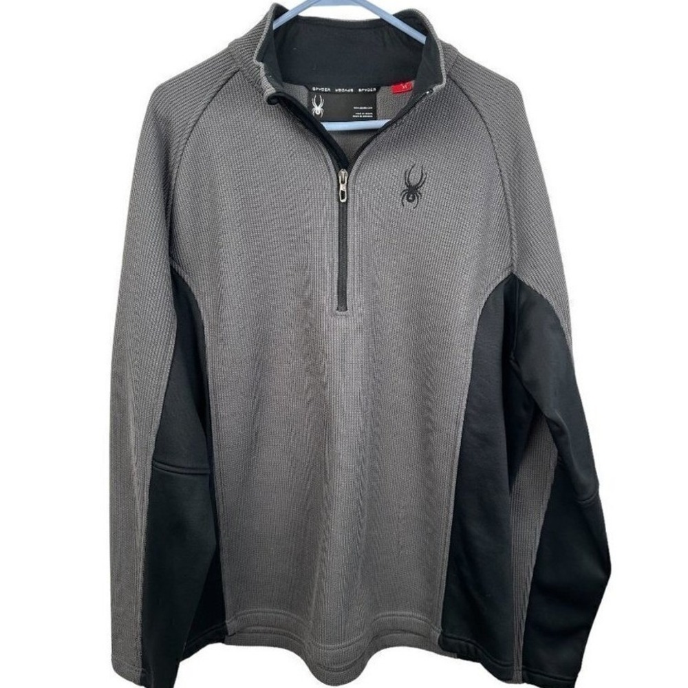 Spyder Mens XL Quarter Zip‎ Pullover Grey Black Waffle Knit Fleece Lined Snag